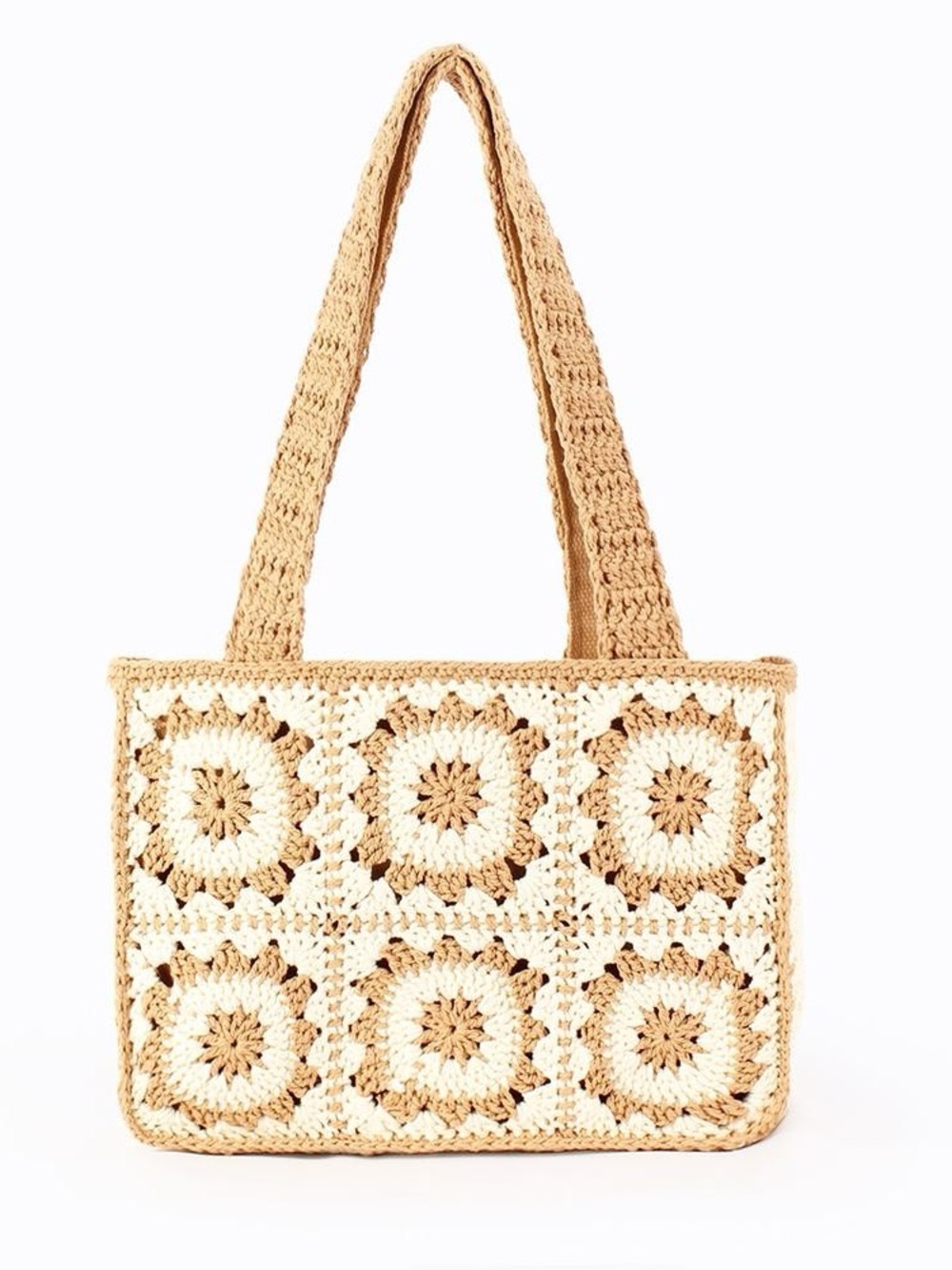 Woven Crochet Tote Bag in Beige and Cream